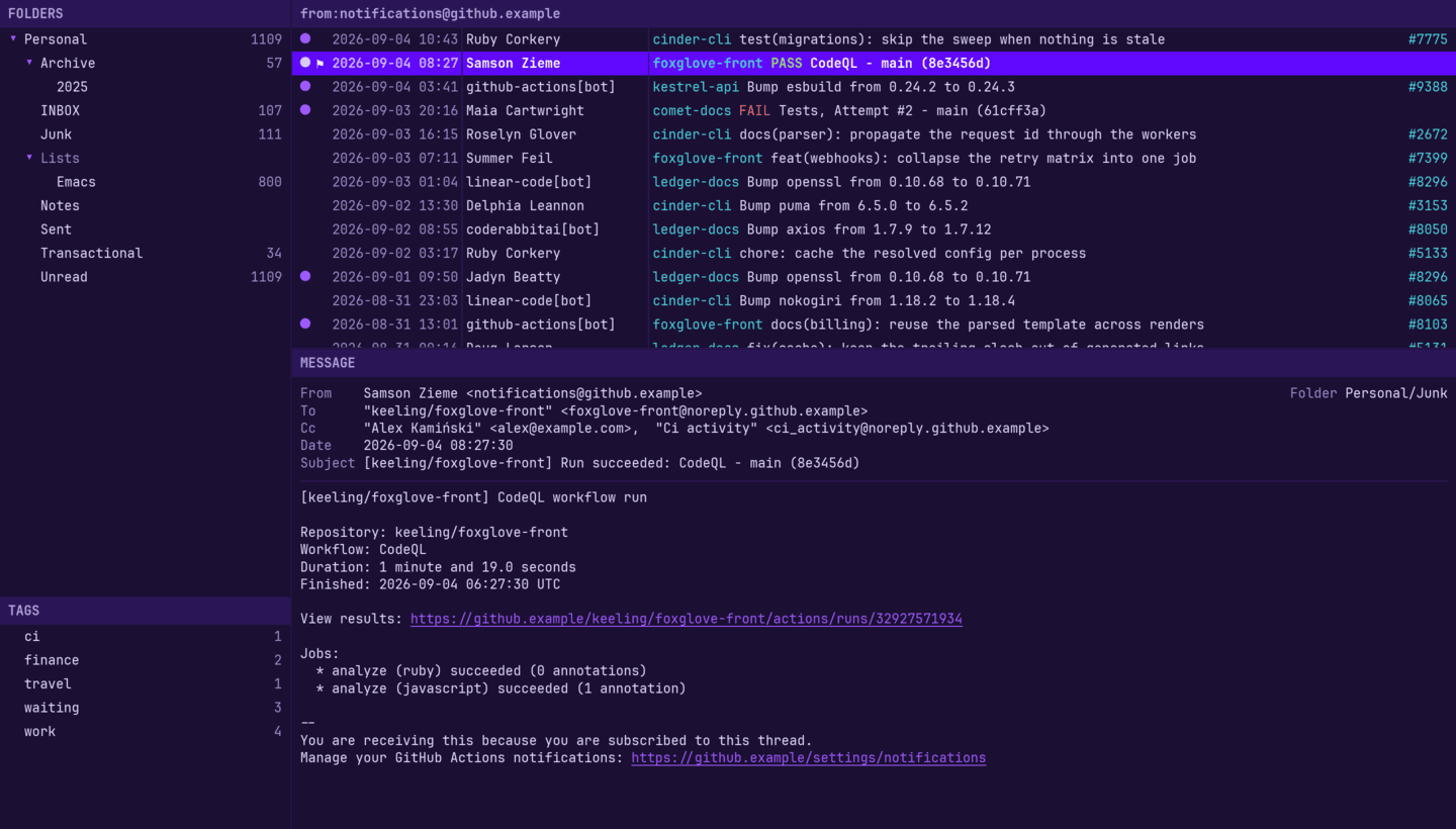 A GitHub message list with repeated prefixes removed and run results colored