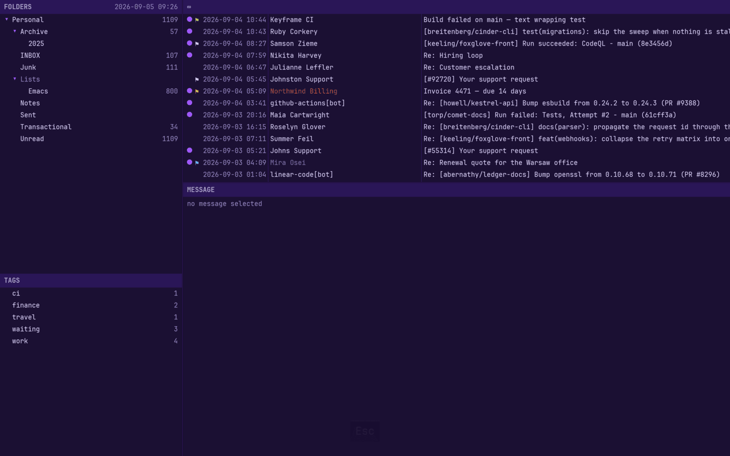The inboxctl workspace in its dark purple theme